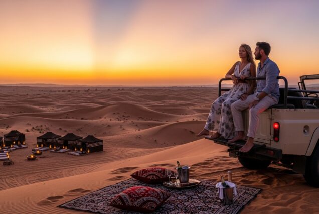 Couple sitting together on sand dunes during desert safari