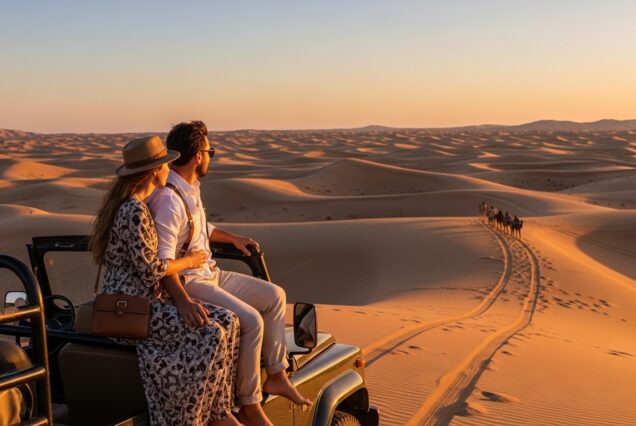 Romantic dinner setup for couples in Dubai desert safari camp